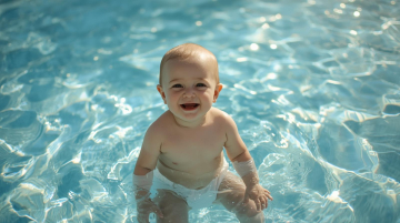 baby sitzt mit windel auf dem Popo im Schwimmbad